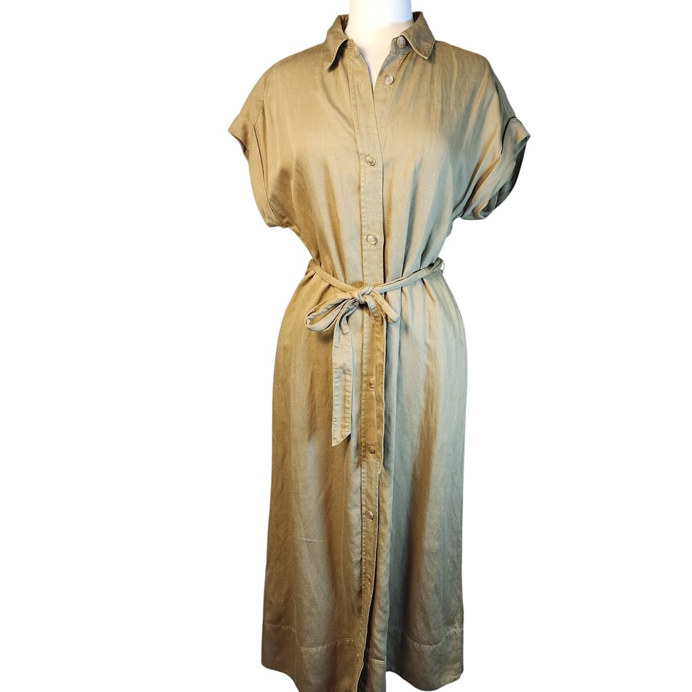 Faherty Arlie Shirtdress M Antique Bronze Tencel Linen Belted Utility Midi